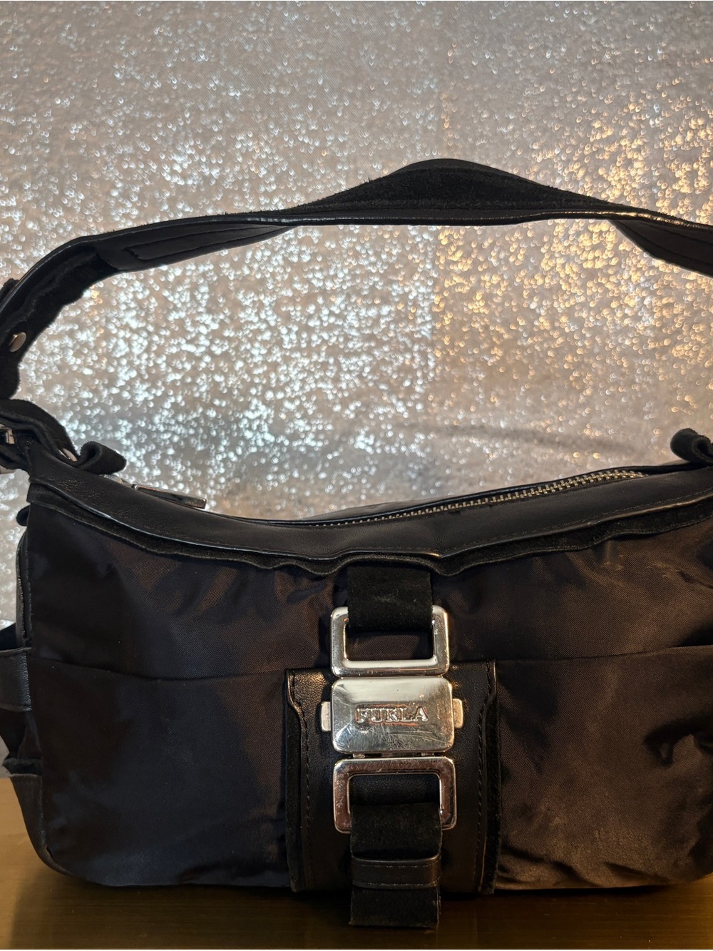 Black Shoulder Bag with Silver Buckle - Unknown Brand